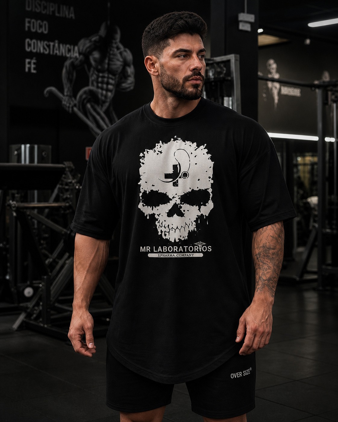 Black XPharma T-Shirt front view with MR Laboratórios artwork