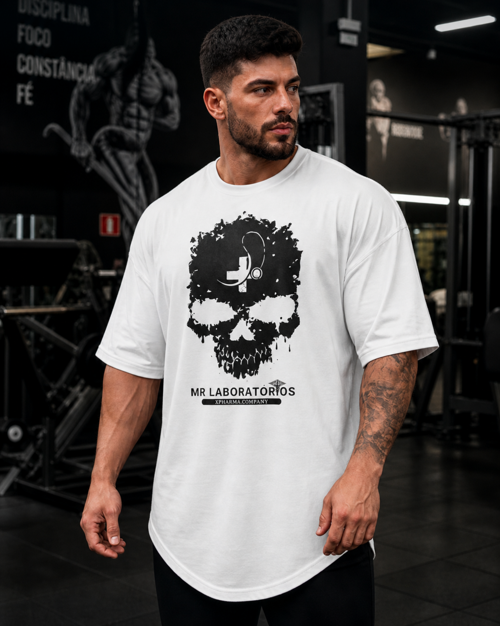 White XPharma T-Shirt front view with MR Laboratórios artwork