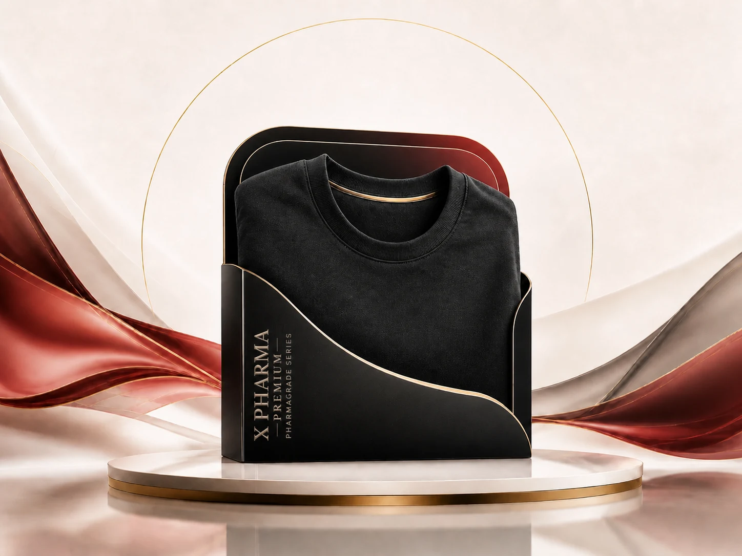 XPharma branded black t-shirt on premium display