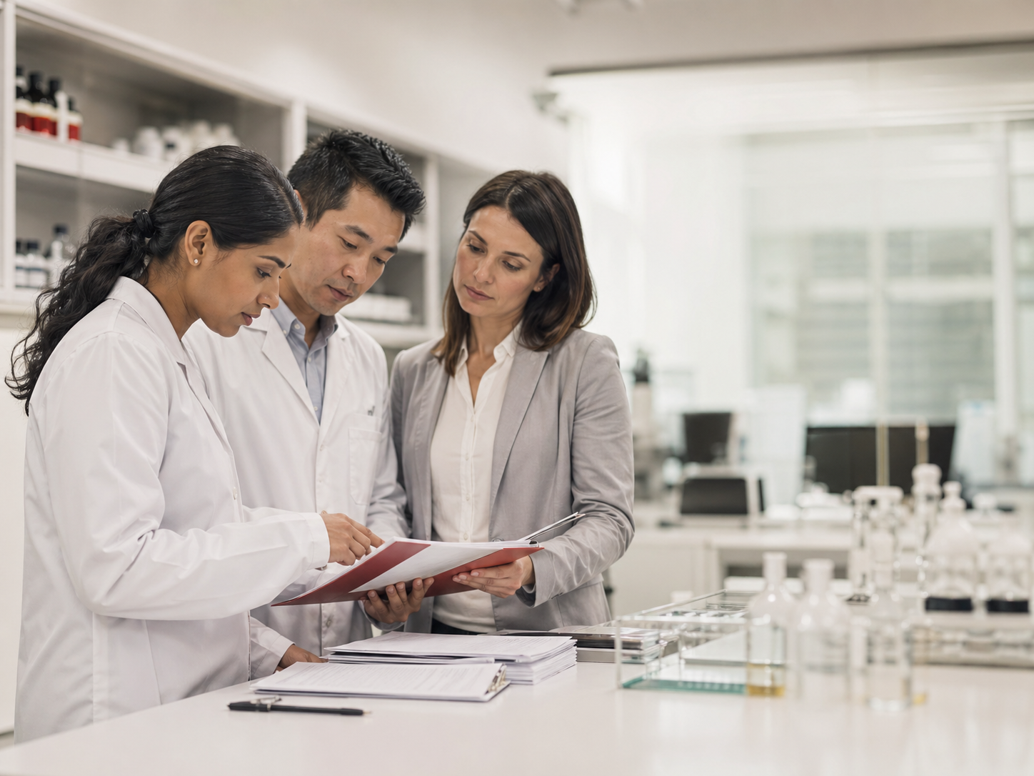 XPharma team reviewing quality documentation in a pharmaceutical laboratory environment